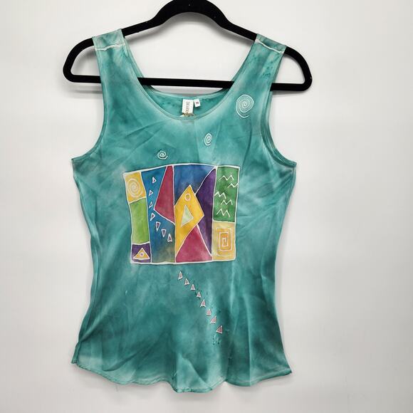 NWT Joyce Jentoft Aqua Silk Charmeuse Graphic Pattern Colorful Tank Top Women M - Picture 1 of 7